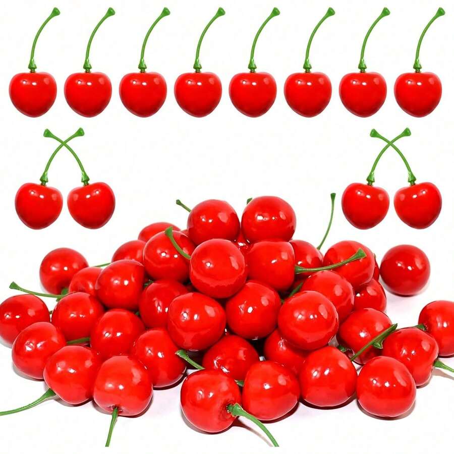 30/100/2500pcs Artificial Cherry Decor, Suitable For Home, Kitchen, Party, And Office Desk Decoration - Bright Red - View 1