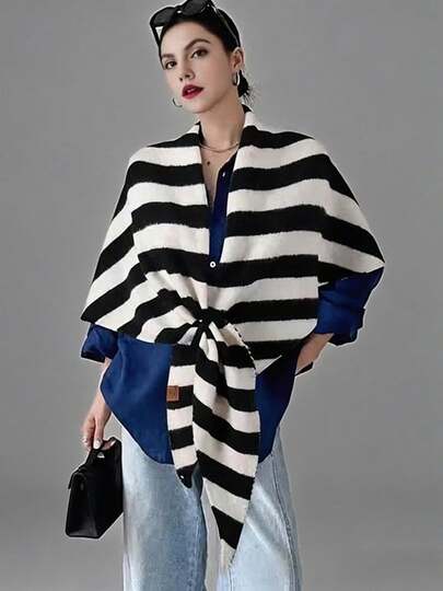 Fashion Sweater Shawl Wraps For Women Sweater Knitted Knotted Shawls Stripe