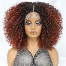 Peruca sintética afro cacheada curta ombré castanha com renda frontal de 14 polegadas, repartição em T, mechas baby hair e efeito volumoso para mulheres. - Multicolorido - Ver 18