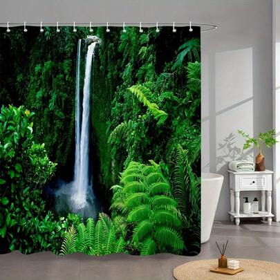 Enchanting Forest Waterfall Shower Curtain - Green Leaves & Plant Design, Durable Polyester, Washable, Includes Hooks - Suitable For Bathroom Decor In All Seasons