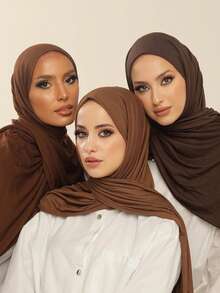 3pcs Brown Woven Headscarf Set - Soft, Stretchy Instant Headscarf, Solid Color Muslim Women Modest Wear - Multicolor - View 1