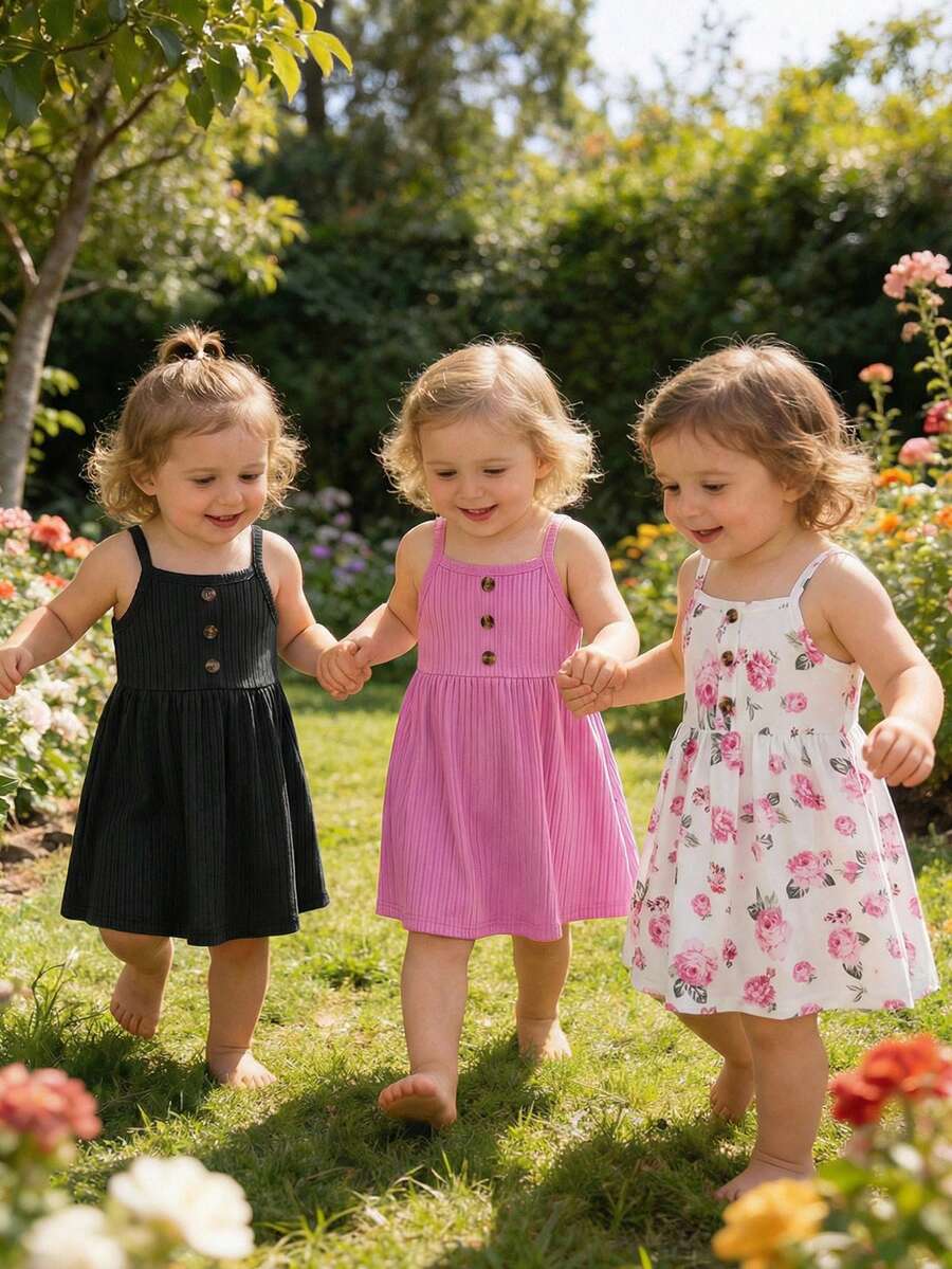 3pcs/Set Baby Girls Floral Print Solid Color Ribbed Button Strap Dress