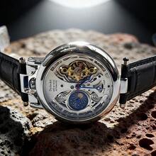 Reloj mecánico para hombre, movimiento grabado vintage, reloj mecánico totalmente automático y elegante, mecánico. - Correa de piel auténtica dorada y azul. - Ver 3