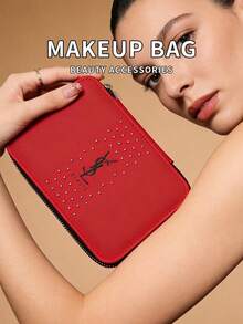 Yves Saint Laurent Red Leather Cosmetic Bag - Glossy Square Cosmetic Case, Stylish Storage Box. YSL-GIFT-65 - Red - View 7