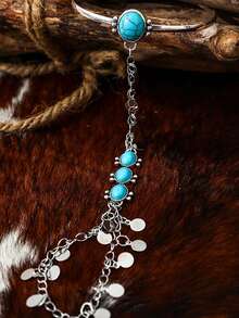 1pc Bohemian Vintage Faux Turquoise Disc Pendant Open Cuff Bracelet, Suitable For Daily, Casual, Beach Vacation Matching - Silver - View 4