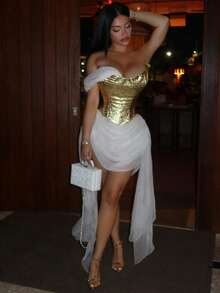 Women's Dress Fashion Personality Elegant Gold Glossy Mesh Splicing Ribbon Sexy Spicy Girl Dress - Vàng - Xem 2