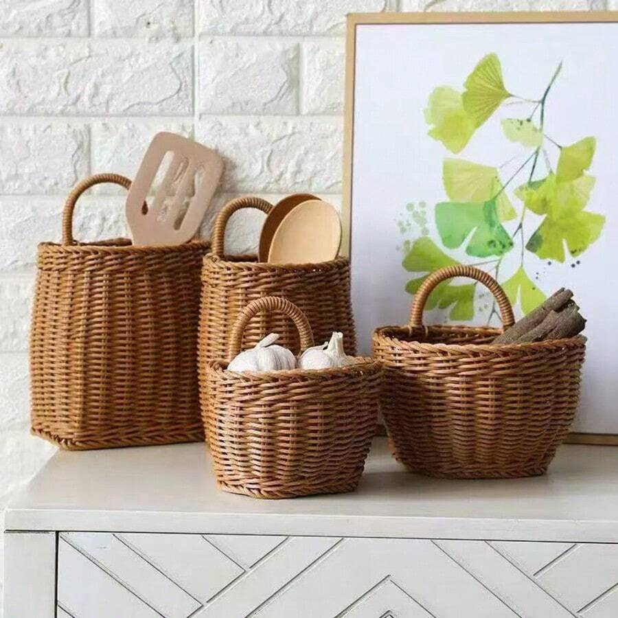 1pc Handmade Woven Rattan Wall-Mounted Storage Basket, Can Be Used To Store Spoons, Chopsticks, Flowers And Miscellaneous Items, Portable Wall-Mounted Storage Basket, Home Decor - Mocha Brown - View 1