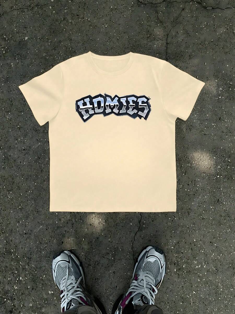 1Pcs Homies Graphic Print Men's T Shirt Casual Streetwear 100% Cotton TShirt Men's Summer Simple Tee Gift For Men, Gangster Style Urban Top, Fashionable Hip Hop Short Sleeve Crew Neck Black Tee - Apricot - View 1