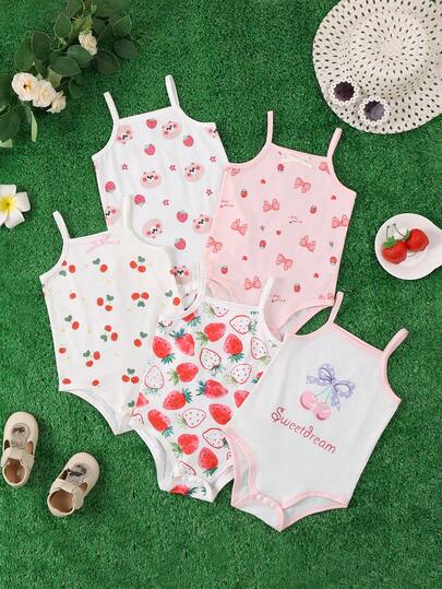 Spring/Summer Baby Girl 5-Piece Outfit Set, Featuring Cute Cartoon Floral Print, Fresh And Sweet, Perfect For Gifts Or Outdoor Activities