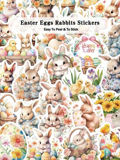 50pcs Easter Eggs Rabbits Stickers For Diary, Suitcase, Laptop, Scrapbook, Decorative DIY Doodle Stickers