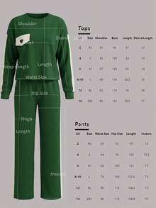 2pcs Women Casual Set, Round Neck Heart Pattern Long Sleeve Top And Long Pants, Autumn/Winter Spring - Green 36 - View 6