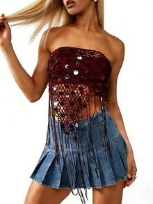 Top de tubo sin tirantes con lentejuelas y borlas para mujer, estilo boho, ideal para fiestas, clubes nocturnos y festivales. - Burdeos - Ver 4
