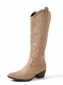 新款时尚百搭仿麂皮V领高筒靴，尖头粗跟西部牛仔靴，适合度假、音乐节、万圣节等场合 - 卡其色 - 查看 9