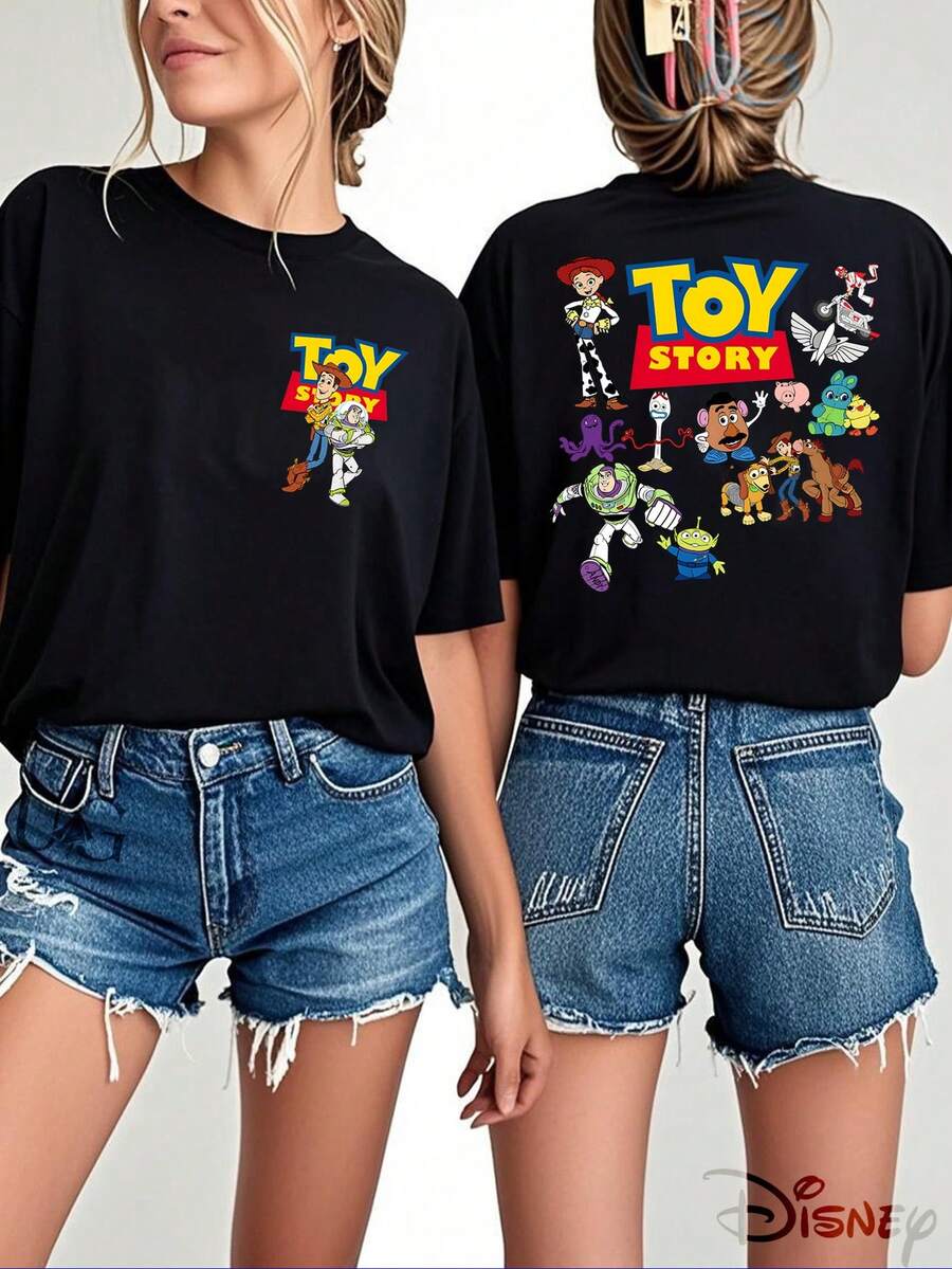 Disney Genuine Authorization, Toy Story Friends Photo Pattern Ladies 100% Cotton T-Shirt-Creative Cartoon Printing, Breathable Light Fabric, Regular Round Neck Summer Street Casual Shirt, Disney Shirt, Holiday Gift, The Same For Men And Women, Relaxed And Relaxed. - 黑色 - 查看 1