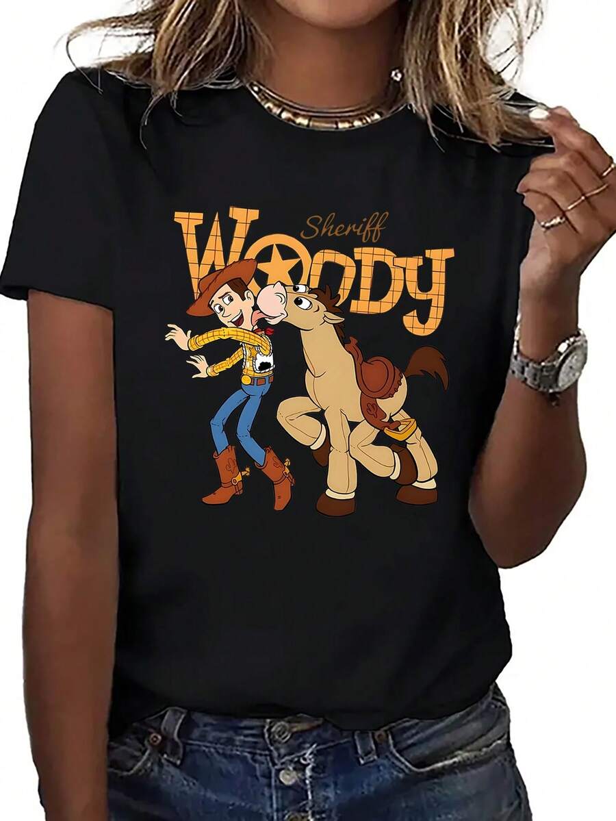 Disney Loose Version Toy Story Sheriff Woody And Red Horse Interactive Printed T-Shirt, Suitable For Summer And Spring, Short Sleeved Tops, Women's Clothing, Holiday Gift Party Costumes. - 黑色 - 查看 1
