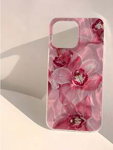 1pc & Fashionable Pink Flower Patchwork Pattern Waterproof, Fingerprint-Proof, Scratch-Resistant Transparent IMD Soft Glossy Smooth Phone Case - Multicolor - View 2
