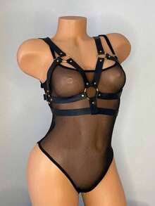 1 Set Gothic Dark Style Sexy PU Leather Body Harness Chest Bondage Suit, Suitable For Carnival Night Or Holiday Party - Black - View 3