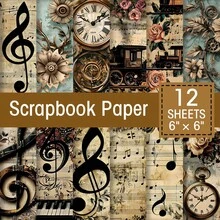 12 pièces Bloc-notes de papier de scrapbooking style gothique avec notes de musique, fleurs rétro, partitions, horloge mécanique, motif de train, 6*6 pouces pour scrapbooking, journal à puces, journal de gribouillage, carte de vœux, album et projets DIY - A - Voir 1