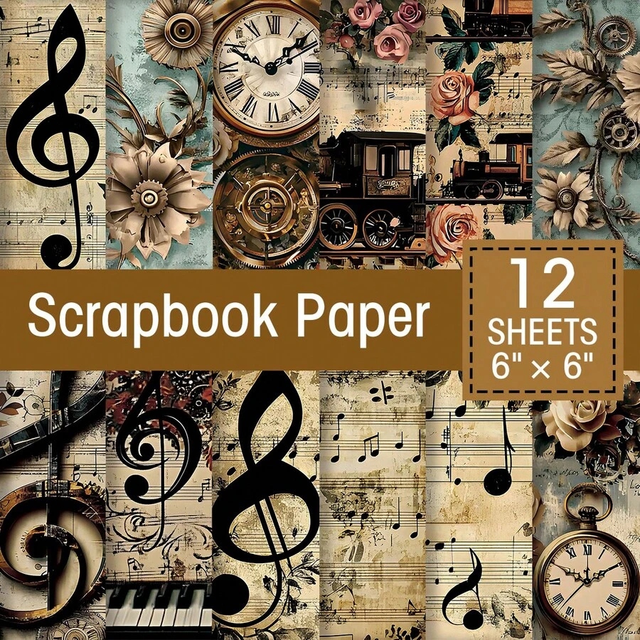 12 pièces Bloc-notes de papier de scrapbooking style gothique avec notes de musique, fleurs rétro, partitions, horloge mécanique, motif de train, 6*6 pouces pour scrapbooking, journal à puces, journal de gribouillage, carte de vœux, album et projets DIY - A - Voir 1