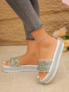 2026 New Rhinestone Embellished Thick Sole Wedge Slippers, Shiny Solid Color Unisex Crystal Sandals For Outdoor Wear, Spring/Summer - White - View 6