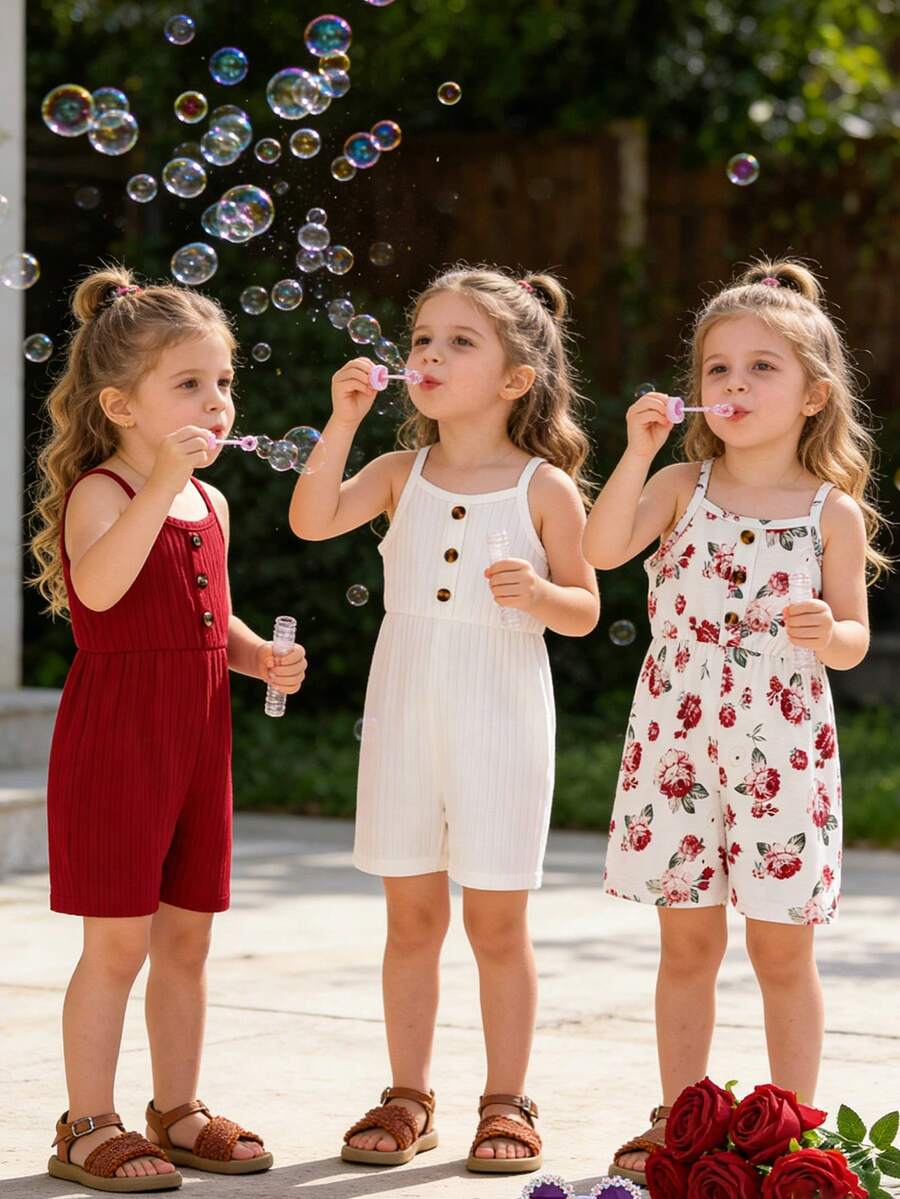 3pcs Girls Solid Color Ribbed Floral Print Camisole & Shorts Set, Fashion - Burgundy - View 1