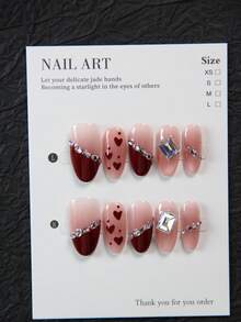 10pcs Handmade Almond-Shaped Nail Art Stickers, Wine Red French Manicure With Rhinestone Heart Pattern, Reusable Nail Decals Suitable For Parties, Weddings, Daily Wear, DIY Manicure, Includes Tools - Red - View 11