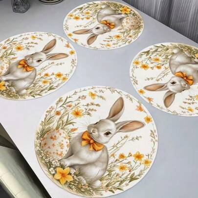 4 件套复活节主题餐垫，可爱兔子图案搭配花卉设计，适合派对用餐、节日装饰和复活节装饰。尺寸：38*38 厘米，适用于季节性家居装饰、乡村节日装饰、农舍风格，材质耐用且可水洗。是理想的礼物之选。