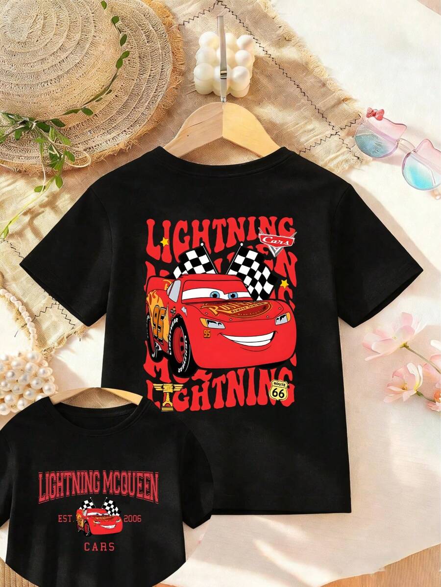 Disney Cars Lightning McQueen Kids T-Shirt For Boys & Girls (Ages 2-14) - Short Sleeve Graphic Tee With Express Delivery - 黑色 - 查看 1