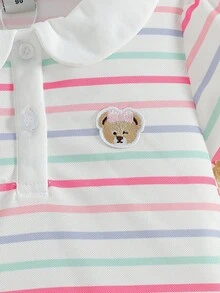 Girls' Collared Striped Short Sleeve T-Shirt, Summer - Multicolor - View 4