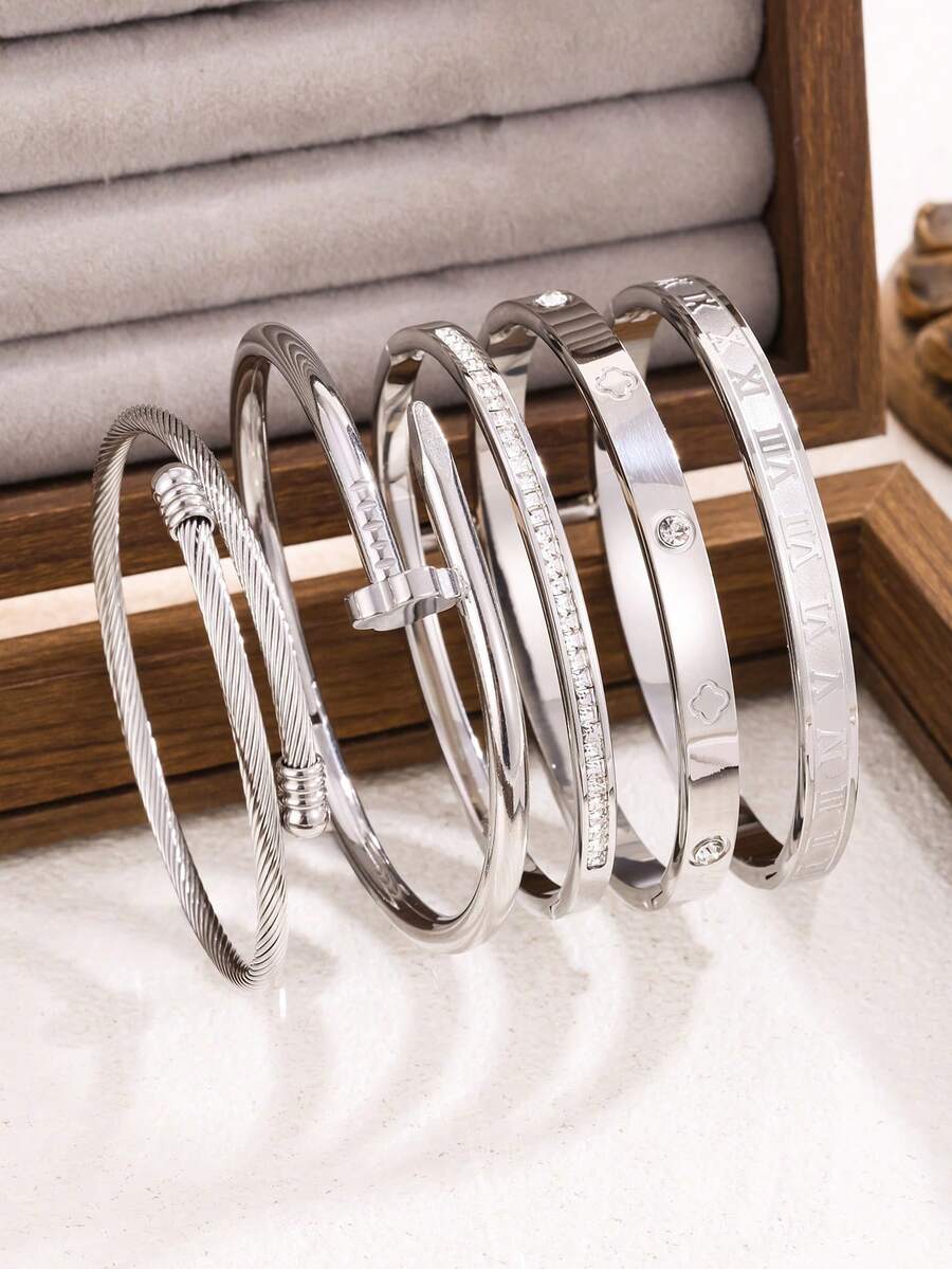 5pcs/Set Stainless Steel Bracelet Set, Unique Multi-Color Design, Fashionable Versatile Jewelry Gift, Won't Fade - Silver - View 1