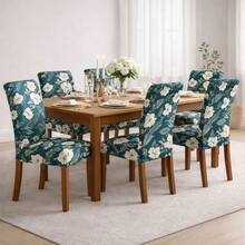 Chair Cover Set For 6 People, Kitchen/Dining Room, Printed Gel Knit - Petrol Green Floral - View 5