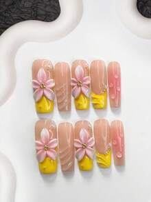 10件套法式亚克力美甲套装，包含纯色、水波纹、雨滴、五瓣渐变花朵图案、金色珠子、黄色指甲油、美甲工具（1个果冻贴纸+1个指甲锉），三种尺寸可选：杏仁形、鸭嘴形、棺材形 - 彩色 - 查看 12