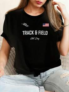 Track and field spring and summer clothing Camiseta de algodón 100% femenino camiseta Casual 220g Funny Graphic Short Sleeve 1 PCS Tee Novelty Crew Neck Oversized Top - Negro - Ver 1