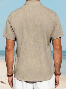 Mens Linen Shirt Classic Button Down Shirt Lightweight Casual Short Sleeve Blouse Holiday Summer Tops With Pocket - 卡其色 - 查看 3