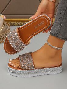 2026 New Rhinestone Embellished Thick Sole Wedge Slippers, Shiny Solid Color Unisex Crystal Sandals For Spring/Summer - Brown Colored Diamonds - View 2