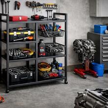 1pc Storage Rack, Integrated Storage Rack, Four-Layer Design, Plus 3 Basket Storage Parts, Garage Tool Storage Rack, With Wheels For Easy Movement - Black - View 3