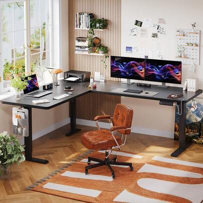 Devoko Height-Adjustable Desk, L-Shaped, 160 X 140 / 190 X 155 Cm, Electrically Height-Adjustable, Corner Desk, Ergonomic Sit-Stand Desk, Computer Desk (White/Black/Brown Look)