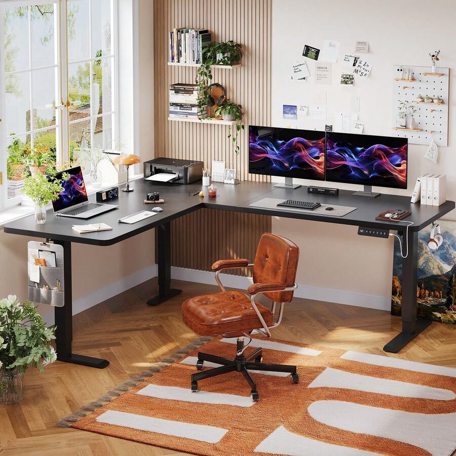 Devoko Height-Adjustable Desk, L-Shaped, 160 X 140 / 190 X 155 Cm, Electrically Height-Adjustable, Corner Desk, Ergonomic Sit-Stand Desk, Computer Desk (White/Black/Brown Look) - màu đen - Xem 1