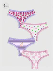 Bộ 4 chiếc quần lót dây mảnh dễ thương kiểu Kawaii dành cho nữ, họa tiết hoa, trái tim, sọc, hoạt hình, cạp trung bình. - Nhiều màu - Xem 1