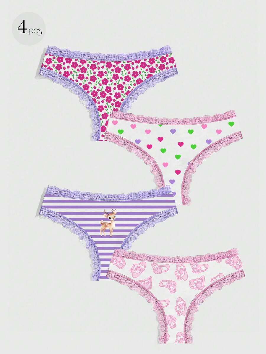 Bộ 4 chiếc quần lót dây mảnh dễ thương kiểu Kawaii dành cho nữ, họa tiết hoa, trái tim, sọc, hoạt hình, cạp trung bình. - Nhiều màu - Xem 1
