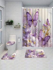 4件套金紫色蝴蝶图案浴帘，配12个塑料挂钩，浴室防滑垫，U型马桶盖套，现代家居浴室配件 - A - 查看 18