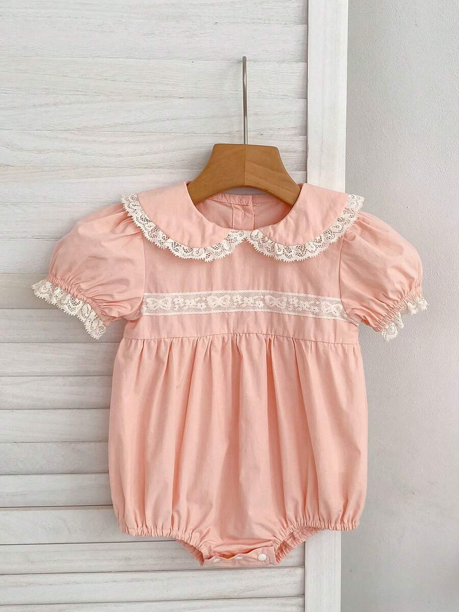 Princess Style Baby Girl Summer Romper, Short Sleeve Lace Trim Peter Pan Collar Bodysuit