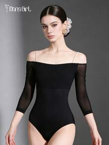DonsGirl 女士性感露肩七分袖连体衣，撞色网纱拼接，甜美迷人，瑜伽运动连体裤，演出服，黑色春季款 - 黑色 - 查看 4