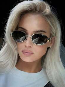 1副椭圆形个性化金属小圆时尚眼镜 - 銀框黑灰片 - 查看 1