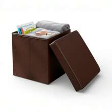 Taburete Otomano Organizador Plegable, Diseño Minimalista Acolchado en Piel Sintética - Café integral - Ver 1