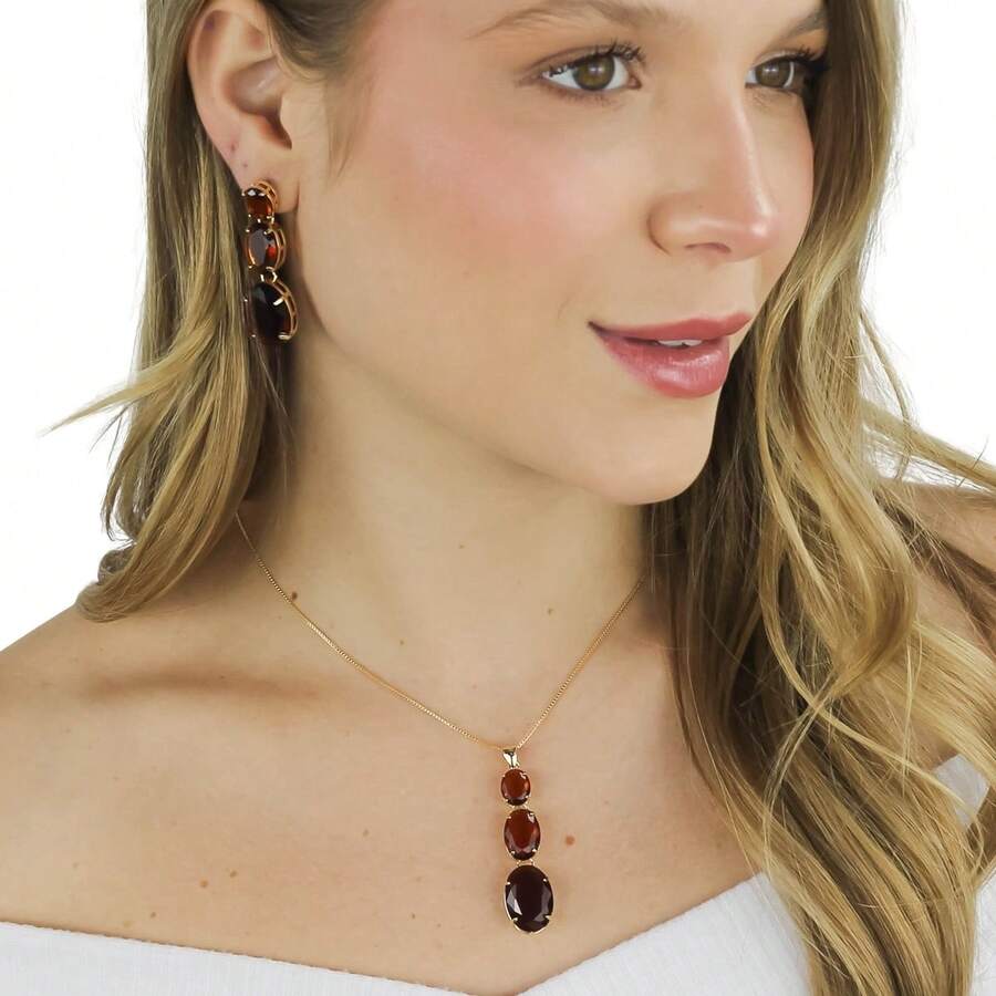 Women's Set: Necklace, Pendant, Long Earrings, Party Style, Oval Cubic Zirconia, Gold-Plated Costume Jewelry - marrom - 查看 1