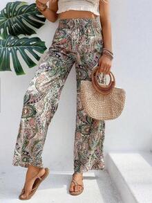 2026 Women Summer Printed Elastic Waist Wide Leg Pants - Loose Casual Tros Polyester Stretchy -  Summer Outfits - St Pattys Day - Capris For Women -  Vacation Outfits Women - Spring Outfits For Women - Women's Culottes - 杏色 - 查看 1
