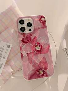 1pc & Fashionable Pink Flower Patchwork Pattern Waterproof, Fingerprint-Proof, Scratch-Resistant Transparent IMD Soft Glossy Smooth Phone Case - Multicolor - View 5