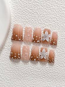 10Pcs Polka Dot Atmosphere Style Handmade Press On Nail,Polygel Nail Set,Five Petaled White Camellia,Polka Dot,Light Brown Nail Polish,Romantic Style,Includes Nail Tools,3 Sizes Available,Almond,Duck,Coffin Nails For Party,Dance,Daily Wear. - 彩色 - 查看 14