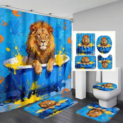 1pc/3pcs/4pcs Oil Painting Style Bathing Lion Blue Multifunctional Bathroom Decor Shower Curtain Set, Free 12 Hooks Included, Elegant Holiday Atmosphere, Bathroom Mat, U-Shaped Floor Mat And Round Toilet Mat, Suitable For All Scenarios Bathroom Set